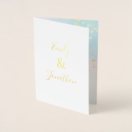 ピンクブルーティール(緑がかった色)水彩名結婚の金ゴールド 箔カード (正面)