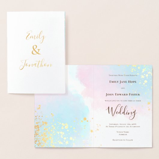 ピンクブルーティール(緑がかった色)水彩名結婚の金ゴールド 箔カード (ディスプレー)