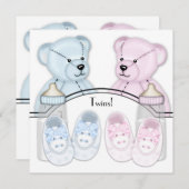 ピンクブルーテディベアツインベビーシャワー招待状 招待状 (正面/裏面)