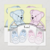 ピンクブルーテディベアツインベビーシャワー 招待状 (正面/裏面)