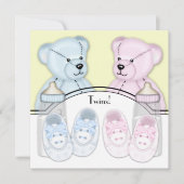 ピンクブルーテディベアツインベビーシャワー 招待状 (正面)