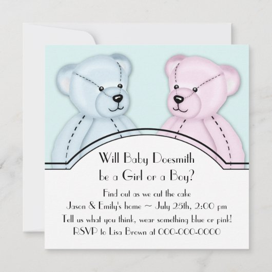 ピンクブルーテディベア性別の表示 招待状 (裏面)