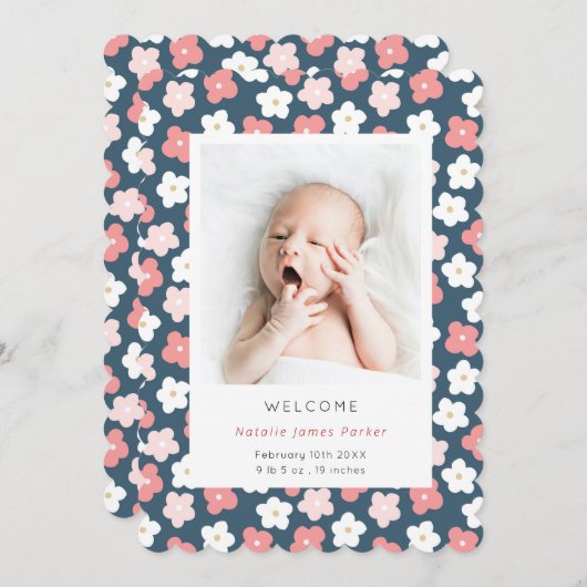 ピンクブルーデイジー花 |かわいいシンプル誕生 案内状 (正面/裏面)