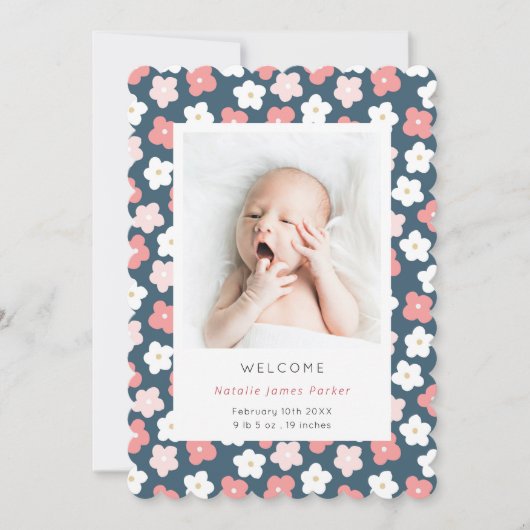 ピンクブルーデイジー花 |かわいいシンプル誕生 案内状 (正面)