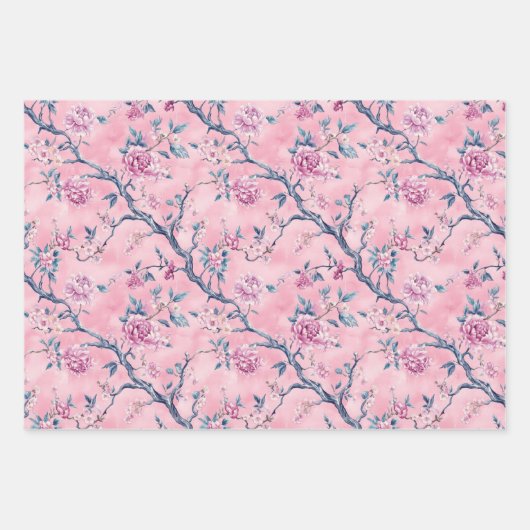 ピンクブルートイレチノワスリー花模様誕生日Her ラッピングペーパーシート (正面3)