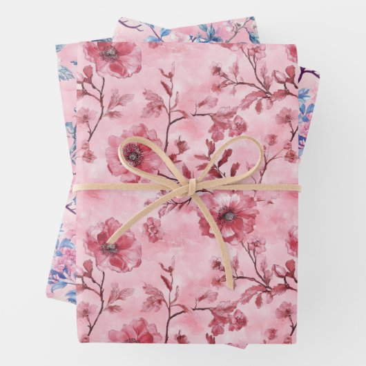 ピンクブルートイレチノワスリー花模様誕生日Her ラッピングペーパーシート (インサイチュ)