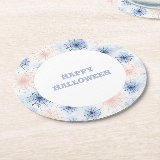 ピンクブルーハロウィン蜘蛛の巣 ラウンドペーパーコースター (アングル)
