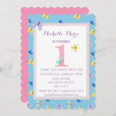 ピンクブルーバタフライファースト誕生日 招待状 (正面/裏面)