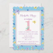 ピンクブルーバタフライファースト誕生日 招待状 (正面)