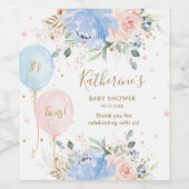 ピンクブルーバルーンフローラツインズベビーシャワー ワインラベル (シングルラベル)