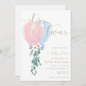 ピンクブルーバルーン双子の赤ちゃんシャワー 招待状 (正面/裏面)