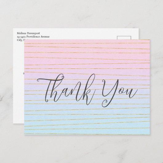 ピンクブルーパステルグラデーションと金ゴールドラインありがとう ポストカード (正面/裏面)