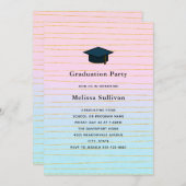 ピンクブルーパステルグラデーションと金ゴールドライン卒業 招待状 (正面/裏面)