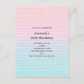 ピンクブルーパステルグラデーションと金ゴールド線誕生日 インビテーションポストカード (正面)