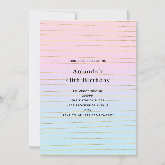 ピンクブルーパステルグラデーションと金ゴールド線誕生日 招待状 (正面)