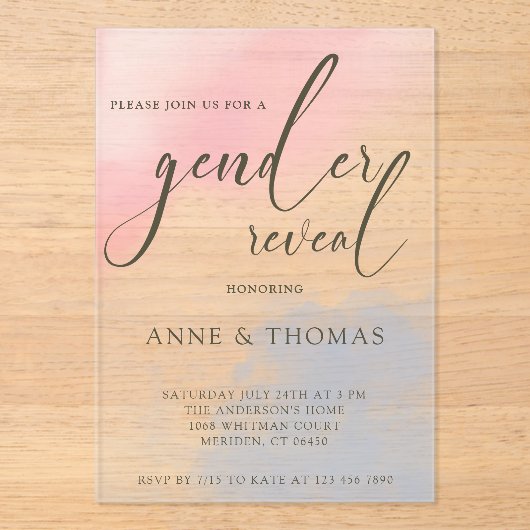 ピンクブルーパステルジェンダーリビールパーティー アクリル招待状 (正面)