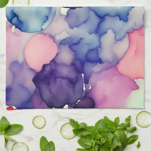 ピンクブルーパープルウォーターカラーtフュージョンのスプラッシュアート キッチンタオル (折り畳み)