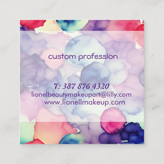 ピンクブルーパープルウォーター絵を描カラー融合 スクエア名刺 (裏面)