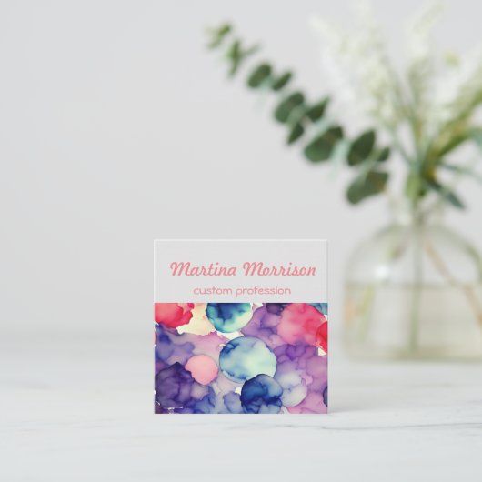 ピンクブルーパープルウォーター絵を描カラー融合 スクエア名刺 (スタンド正面)