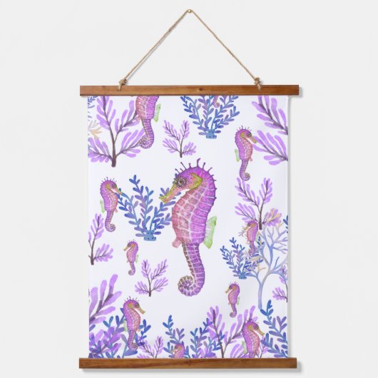ピンクブルーパープルシーホースコーラルビーチコースト 吊り下げ型タペストリー (正面)