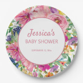ピンクブルーパープルフローラホワイト金ゴールドベビーシャワー ペーパープレート (正面)