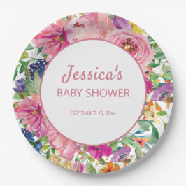 ピンクブルーパープルフローラホワイト金ゴールドベビーシャワー ペーパープレート