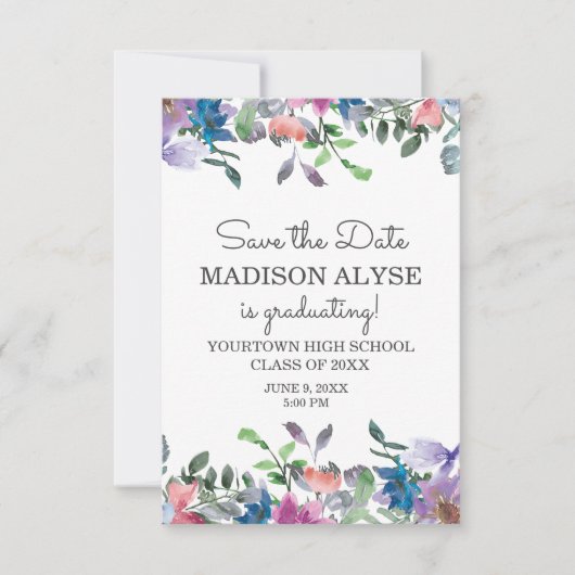 ピンクブルーパープルフローラ卒業救期日 招待状 (正面)