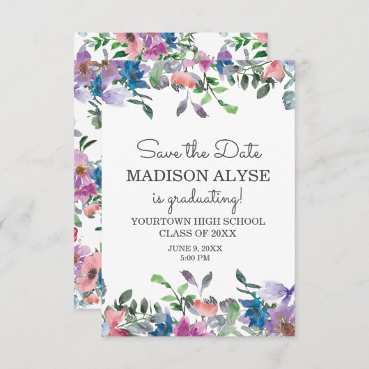 ピンクブルーパープルフローラ卒業救期日 招待状 (正面/裏面)