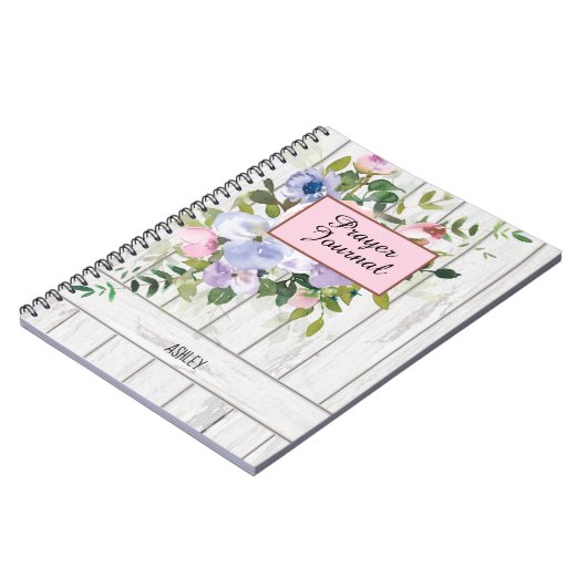 ピンクブルーパープルフローラ木材名祈りの言葉ジャーナル ノートブック (左側)