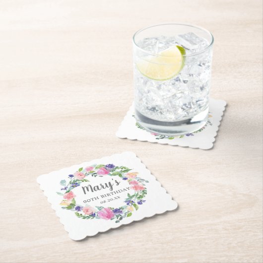 ピンクブルーパープルフローラ90誕生日 ペーパーコースター (インサイチュ)