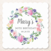 ピンクブルーパープルフローラ90誕生日 ペーパーコースター (正面)