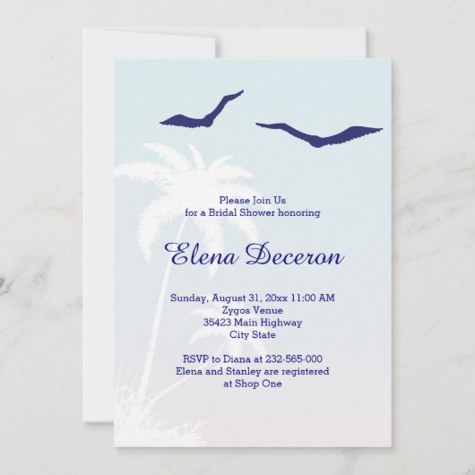 ピンクブルーパームツリーズビーチ結婚式ブライダルシャワー 招待状 (裏面)