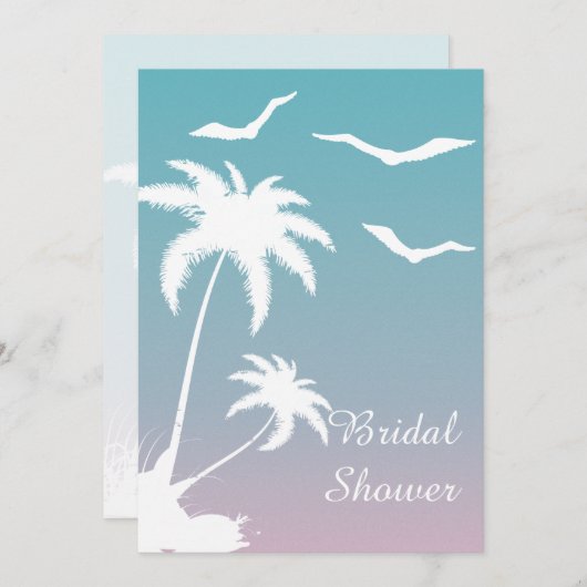 ピンクブルーパームツリーズビーチ結婚式ブライダルシャワー 招待状 (正面/裏面)