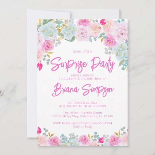 ピンクブルーピーチパープルフローラサプライズパーティー 招待状 (正面)