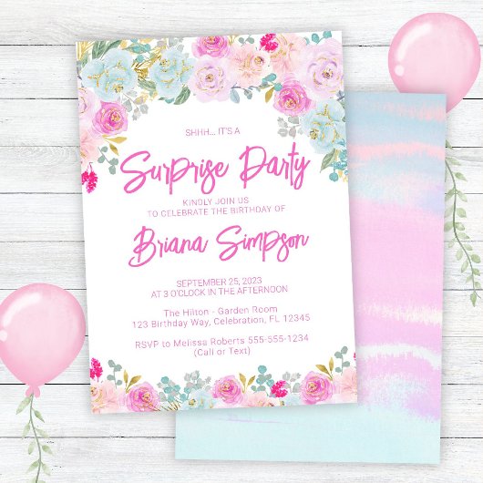 ピンクブルーピーチパープルフローラサプライズパーティー 招待状