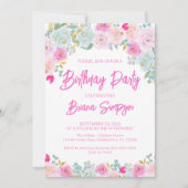 ピンクブルーピーチパープルフローラ誕生日パーティー 招待状 (正面)