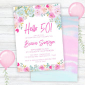 ピンクブルーピーチパープルフローラ50th誕生日パーティー 招待状