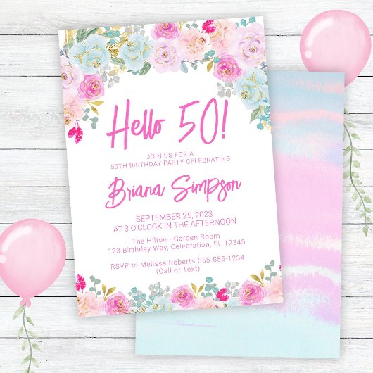 ピンクブルーピーチパープルフローラ50th誕生日パーティー 招待状