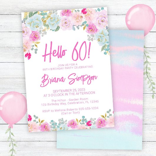 ピンクブルーピーチパープルフローラ60th誕生日パーティー 招待状