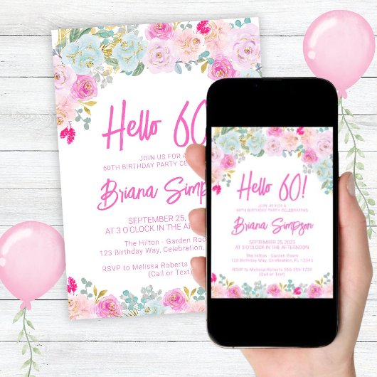 ピンクブルーピーチパープルフローラ60th誕生日パーティー 招待状