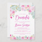 ピンクブルーピーチフローラオンダーフル誕生日 招待状 (正面)