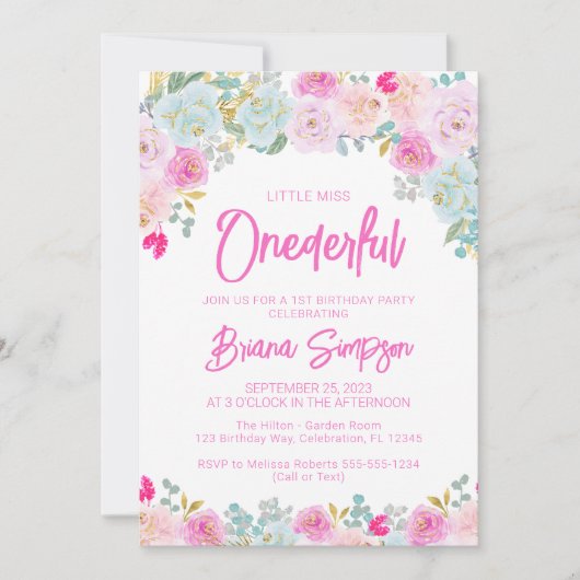 ピンクブルーピーチフローラオンダーフル誕生日 招待状 (正面)