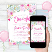 ピンクブルーピーチフローラオンダーフル誕生日 招待状