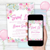 ピンクブルーピーチフローラスウィート16バースデーパーティー 招待状