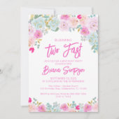 ピンクブルーピーチフローラトゥート高速誕生日 招待状 (正面)
