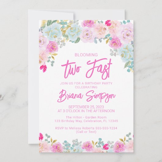 ピンクブルーピーチフローラトゥート高速誕生日 招待状 (正面)