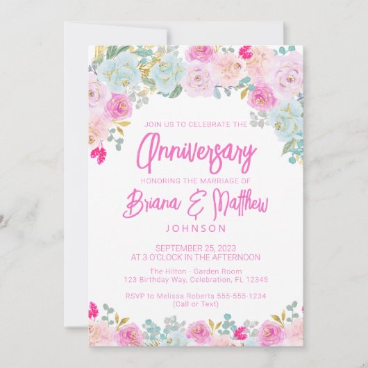 ピンクブルーピーチ結婚フローラ記念日 招待状 (正面)