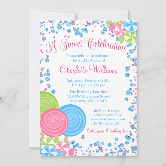 ピンクブルーフェイクグリッターキャンディ誕生日招待状 招待状 (正面)