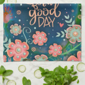 ピンクブルーフローラグッドデイ引用文 かわいらし キッチンタオル (折り畳み)