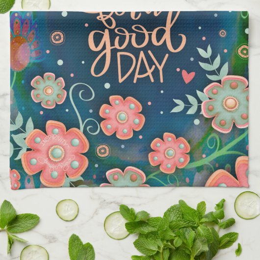 ピンクブルーフローラグッドデイ引用文 かわいらし キッチンタオル (折り畳み)